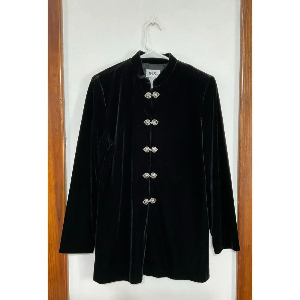 VTG 90s Womens Black Velvet Jacket Silver Clasps Stretch High Neck Sz 10 Vampire - Picture 3 of 7